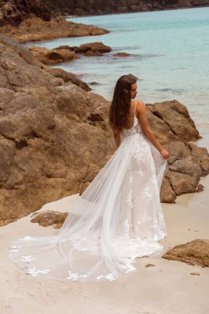 Jesslyn Madi Lane Wedding Dress with detachable overskirt and long lace sleeves. Chameleon Bride Bournemouth Dorset