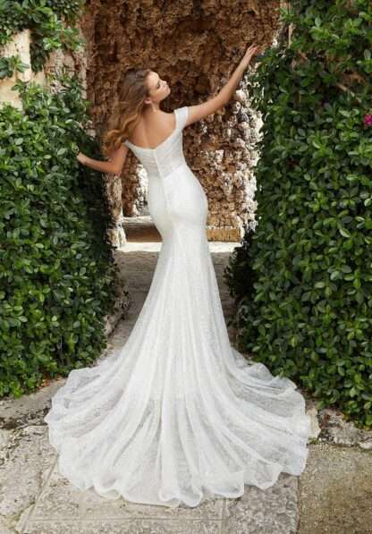 Faye 2484  Morilee wedding dress. Off shoulder sparkle beaded fitted wedding dress. Chameleon Bride Bournemouth Dorset