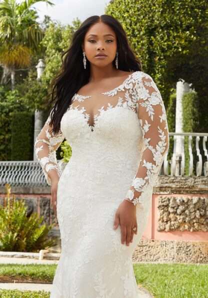 Gillian 3362 Morilee Wedding Dress Long sleeve illusion high neck plus size bride with curves Chameleon Bride Bournemouth Dorset