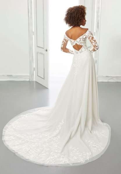 Brienne 5902 Morilee wedding dress. Off shoulder lace wedding dress with sleeves and plain skirt. 