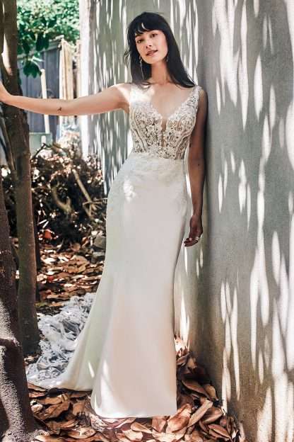 Liberty MJ808 Madison James Wedding Dress Sparkle beaded top with a plain stretch satin fitted sheath skirt