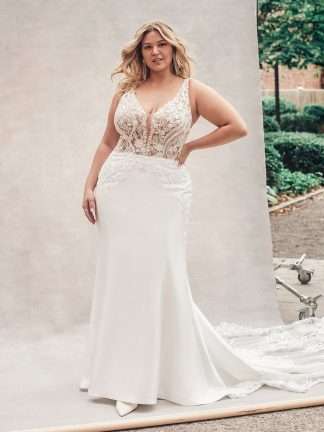 Liberty MJ808 Madison James Wedding Dress Sparkle beaded top with a plain stretch satin fitted sheath skirt