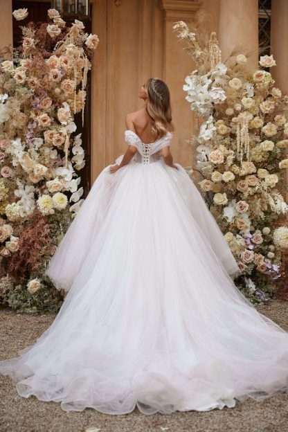 Vincenza Milla Nova blush pink wedding dress 3d colourful floral applique. Chameleon Bride Dorset
