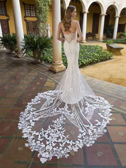 Perry Enzoani Boho graphic lace strapless top and plain skirt with detailed train. Chameleon Bride Dorset