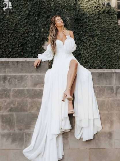 Channing D3636 Essense of Australia Wedding Dress Ruched chiffon grecian bridal gown with sweetheart neck and detachable sleeves