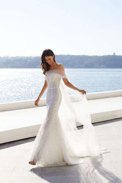 Irma Milla Nova Wedding Dress Off shoulder bardot lace sexy bridal gown. Chameleon Bride Bournemouth Dorset