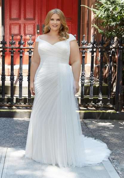 3376 Helen Morilee Wedding Dress Chameleon Bride Dorset Off shoulder ruched pleated bodice fit and flare grecian gown for curvy plus size brides with curves