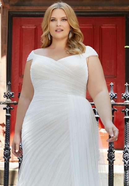 3376 Helen Morilee Wedding Dress Chameleon Bride Dorset Off shoulder ruched pleated bodice fit and flare grecian gown for curvy plus size brides with curves