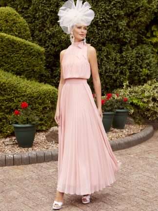 29805A Veni Infantino Halter neck blouson top with floaty pleated skirt. Modern fashionable fashion forward mother of the bride or groom.