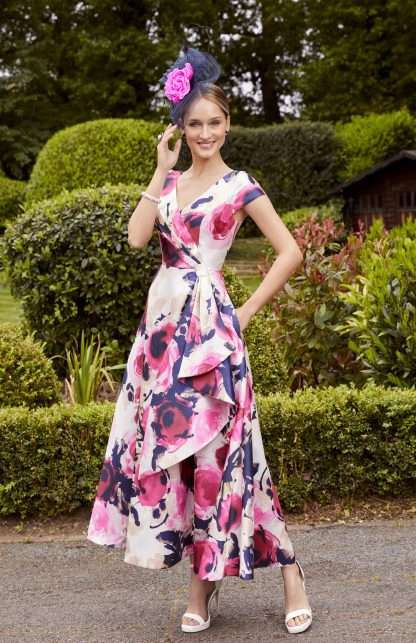 29816B Invitations Veni Infantino  A-line Mikado print bright colour satin floral dress with ruffle and cap sleeves. Mother of the Groom Hampshire