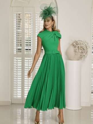 29861B Veni Infantino Emeral Shamrock green midi dress with belt, pleated floaty flowy skirt and bow. Sleeveless. Mother of the Bride Groom Dorset Hampshire