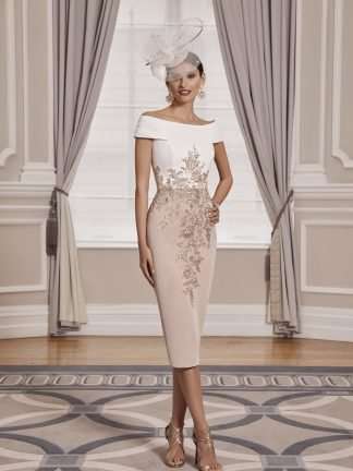 992056 Veni Infantino Mother of the Bride Groom off shoulder wrap jacket with fitted bodycon dress. Dorset Hampshire