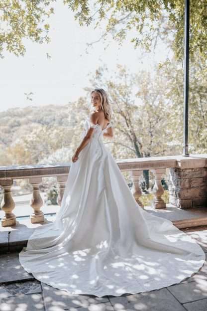 Royale D3565 Essense of Australia off shoulder wedding dress with lace bodice and ballgown aline satin skirt