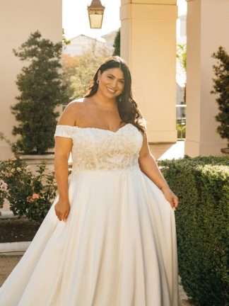 Royale D3565 Essense of Australia off shoulder wedding dress with lace bodice and ballgown aline satin skirt