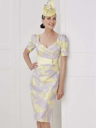 29000 John Charles lilac grey and lemon yellow cap sleeve dress with ruched waist and keyhole back. Mother of the bride groom dress Hampshire