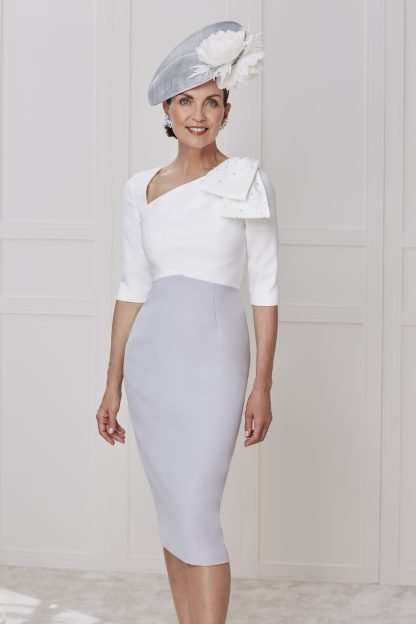 66305A John Charles pale blue silver and ivory fitted knee length dress with 3/4 sleeves and pearl beaded bow. Mother of the bride groom dress Hampshire