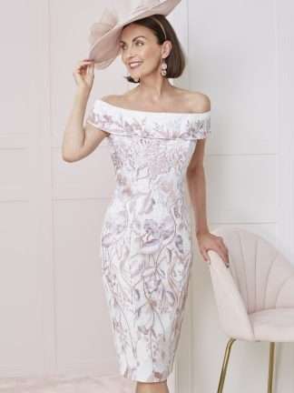66328 John Charles blush pink and ivory off shoulder lace fitted bodycon dress. Mother of the bride groom dress Hampshire