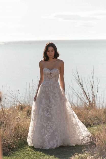 Kyann Madi Lane strapless boho aline lace wedding dress.