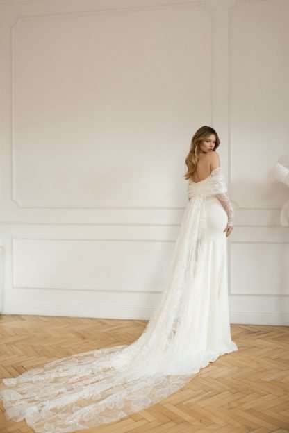 Artemida Eva Lendel Wedding dress. Satin plain wedding dress with detachable lace sleeves and train. Chameleon Bride Bournemouth Dorset