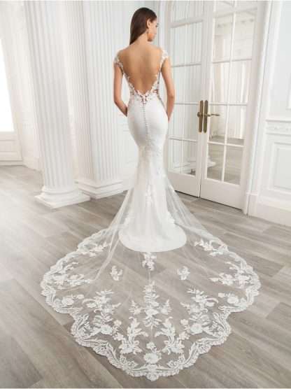 Audrey Etoile crepe Wedding Dress with lace top, plain crepe skirt and detailed lace train. Chameleon Bride Dorset