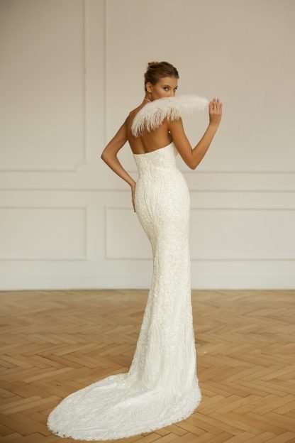 Lanvee Eva Lendel fitted beaded wedding dress with detachable satin overskirt train with bow