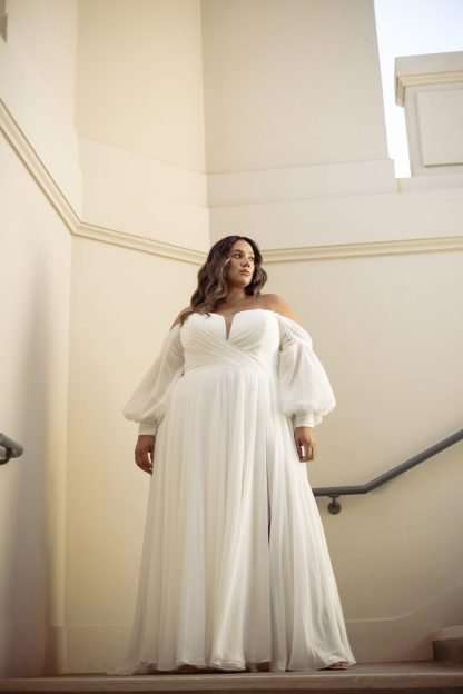 Channing D3636 Essense of Australia Plus size Wedding Dress Ruched chiffon grecian bridal gown with sweetheart neck and detachable sleeves. Curvy Brides with curves