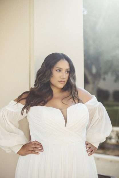 Channing D3636 Essense of Australia Plus size Wedding Dress Ruched chiffon grecian bridal gown with sweetheart neck and detachable sleeves. Curvy Brides with curves