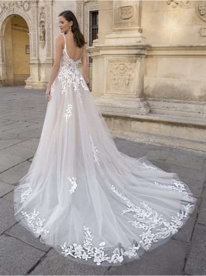 Fayette Etoile Wedding Dress. Spaghetti strap lace aline dress with modern lace. Chameleon Bride Bournemouth Dorset