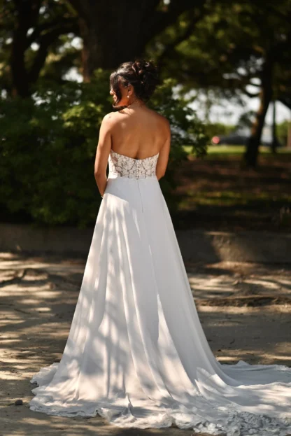 D3862 Essense of Australia wedding dress. strapless lace bodice with sweetheart neckline with floaty chiffon skirt. Chameleon Bride Bournemouth Dorset