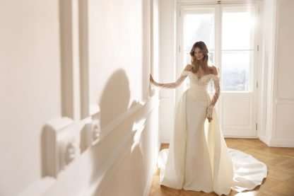 Scandi Eva Lendel wedding dress with beaded top, plain skirt, long sleeves and detachable overskirt. Chameleon Bride Bournemouth Dorset