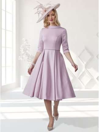 VO8136 Veromia mother of the bride/groom dress. Soft blush pink aline dress with bardot neck and full 50's aline rockabilly skirt. 