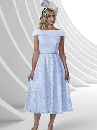 VO9181 veromia mother of the bride/groom dress. Pale blue aline dress with bardot neck and full 50's aline rockabilly skirt. 