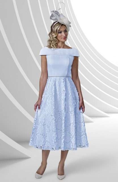 VO9181 veromia mother of the bride/groom dress. Pale blue aline dress with bardot neck and full 50's aline rockabilly skirt. 
