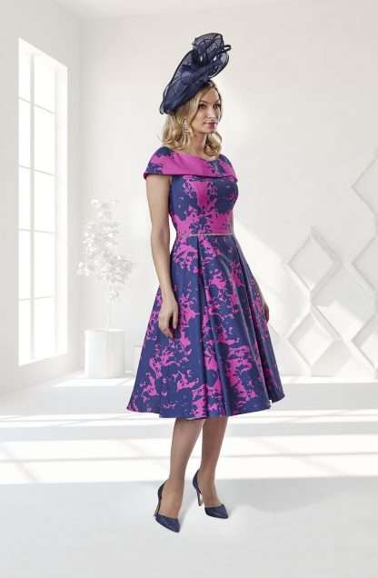 vo8124 veromia mother of the bride/groom dress. Navy and fucsia aline dress with bardot neck and full 50's aline rockabilly skirt. 