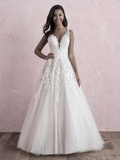 Mia Allure Romance 3265 wedding dress. Full tulle ballgown with thick straps and lace bodice. Chameleon Bride Dorset