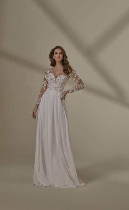Morgan 4127 Morilee wedding dress with detachable long sleeves. Flowy 3d aline bridal gown with chiffon skirt