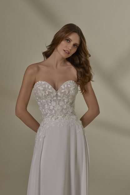 Morgan 4127 Morilee wedding dress with detachable long sleeves. Flowy 3d aline bridal gown with chiffon skirt