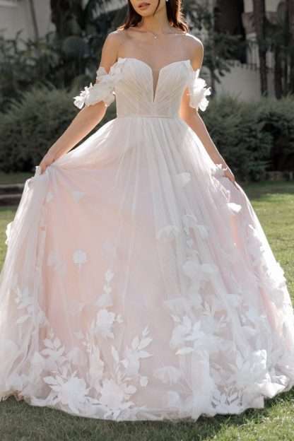 Peony D3734 Essense of Australia whimsical princess wedding dress. 3d floral textured skirt and off shoulder detail. Chameleon Bride Hampshire