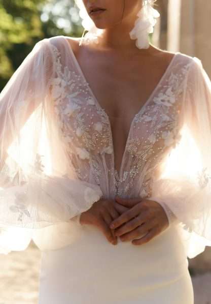 Anne-Mariee Bridal Mini short wedding dress with long sleeves. Chameleon Bride Bournemouth Dorset