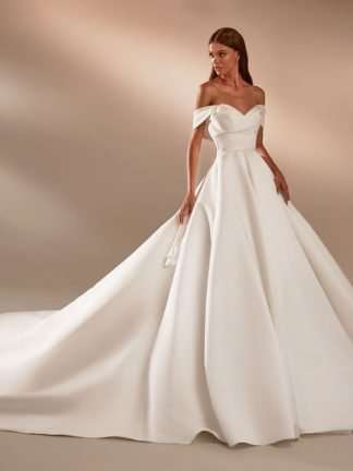 Maura Milla Nova Plain satin wedding dress. Pleated folder bodice with corset back and princess aline skirt. Chameleon Bride Bournemouth Dorset