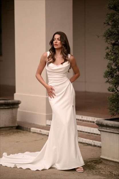 Bromley D3823 Essense of Australia fitted crepe wedding dress with pearl and beading, skirt split. Minimal and clean. Chameleon Bride Bournemouth Dorset