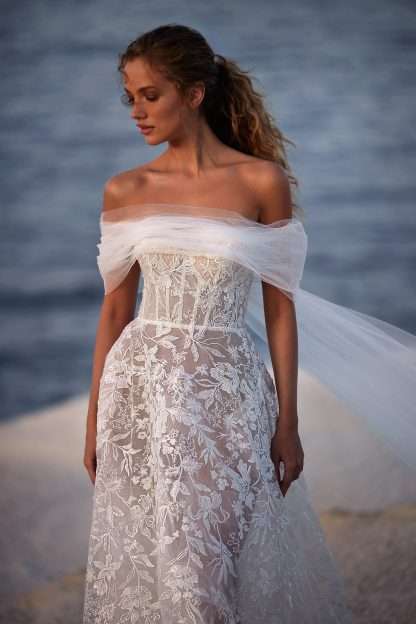 Elodie White and Lace Calypso Milla Nova. Off shoulder tulle bardot aline lace with modern lace . Chameleon Bride Bournemouth Dorset Hampshire