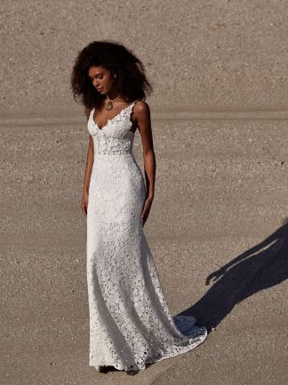 Lindsay Milla Nova crochet matt boho lace wedding dress with v neck.