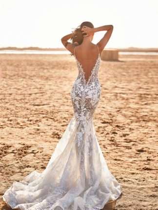 Djeyn Milla Nova low back and plunge low front sexy sparkle fitted wedding dress. Chameleon Bride Bournemouth Dorset