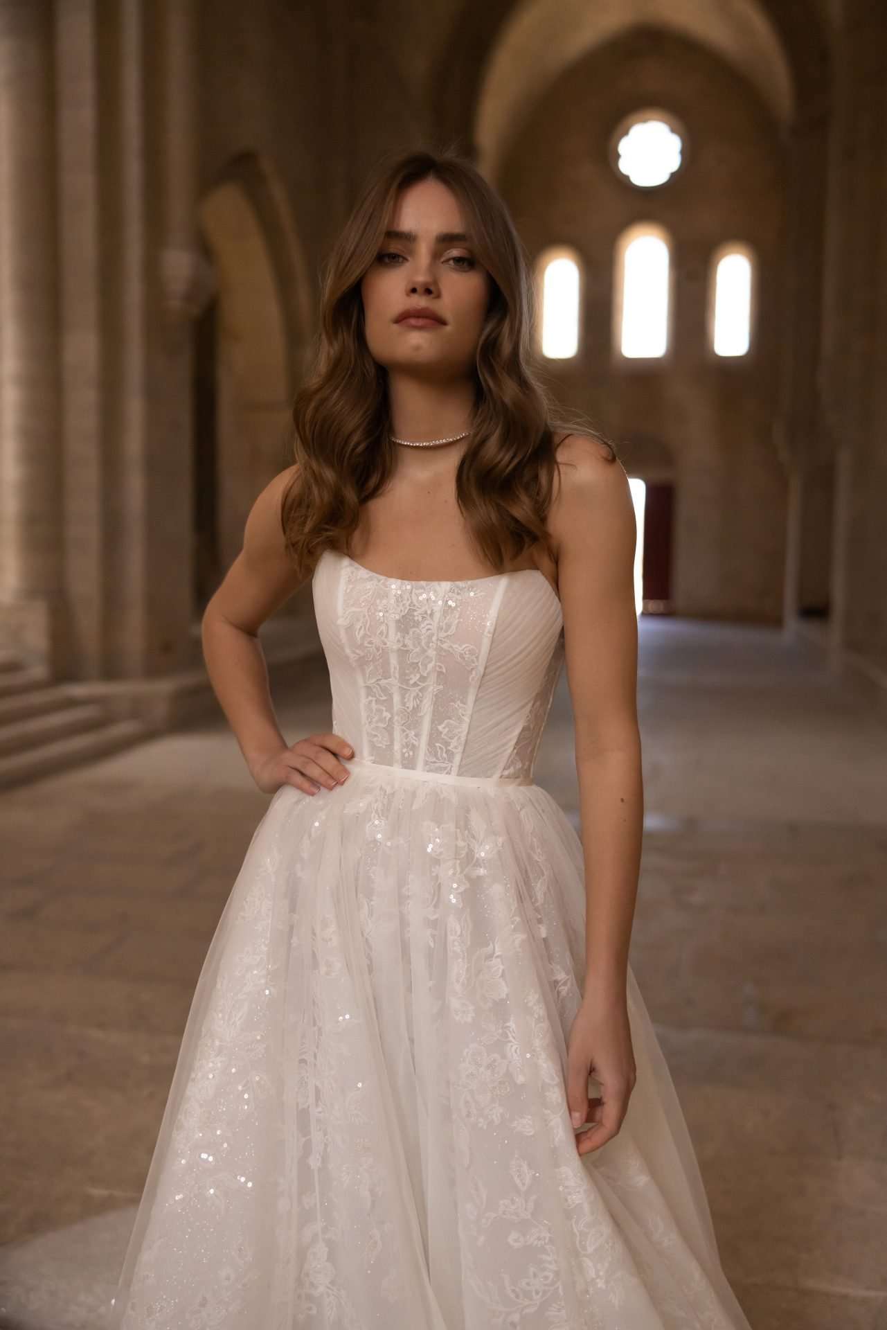 Fitted Knit Crepe with Soft Overlay Wedding Dress | KIMBERLY PHILLIPS  CLOTHIER
