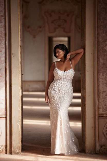 Minora Milla Nova Stars in White wedding dress for curvy bride. UK18 bridal gown with 3d floral, beading and detachable lace and tulle train. Chameleon Bride Bournemouth Dorset