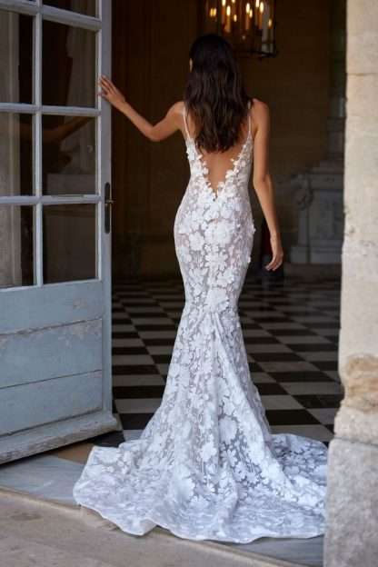 Blair Milla Nova wedding dress. Chameleon Bride Bournemouth Dorset. 3d floral cotton lace with spaghetti strap and low back