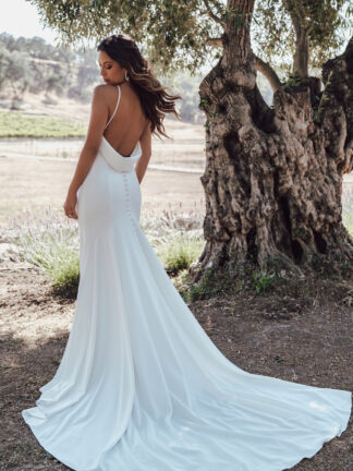 3601 Allure Romance low back plain sheath wedding dress. Similar to MWL Made with love archie gown but with a longer train