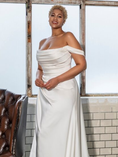 Jaymes Satin plain off shoulder wedding dress with ruched bodice and leg split. Plus size curvy brides
