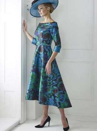 IR7339S Irresistible Mother of the Bride Groom blue and green print bardot aline. Dorset and Hampshire